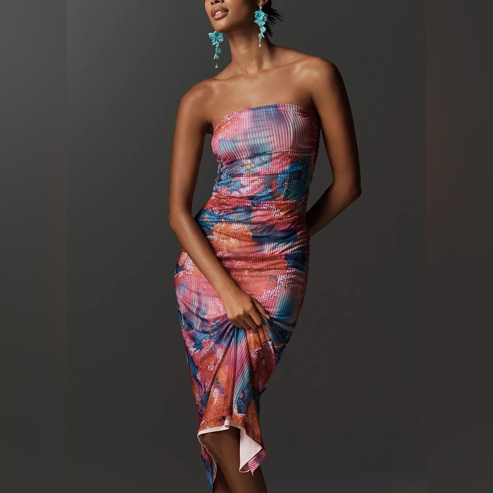 Anthropologie SOLEIL SLIM STRAPLESS RUCHED MESH DRESS Pink Floral New With Tags